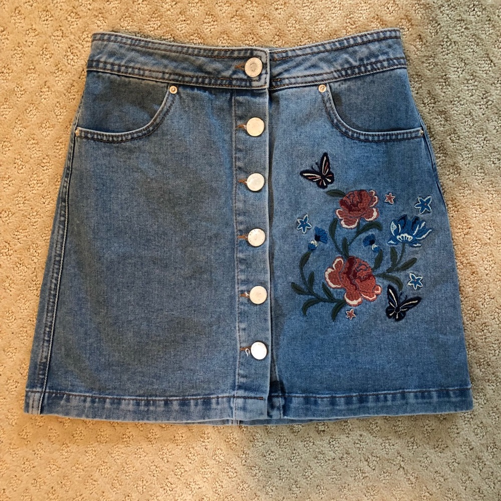 Button Up Denim Skirt with Embroidered Flowers